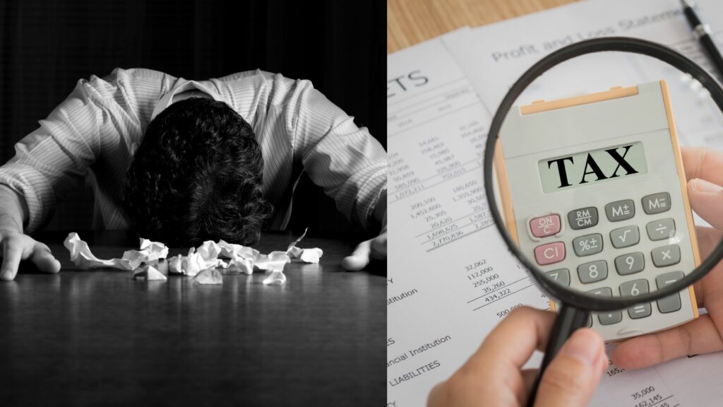Tax Consequences of Debt Settlement: a man with his head over a table suffering from stress