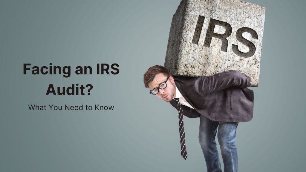 A man in a suit carrying a large stone with the IRS sign on it to convey the struggle our clients face during an IRS audit. This blog explains what you need to know. Tax Relief Helpers